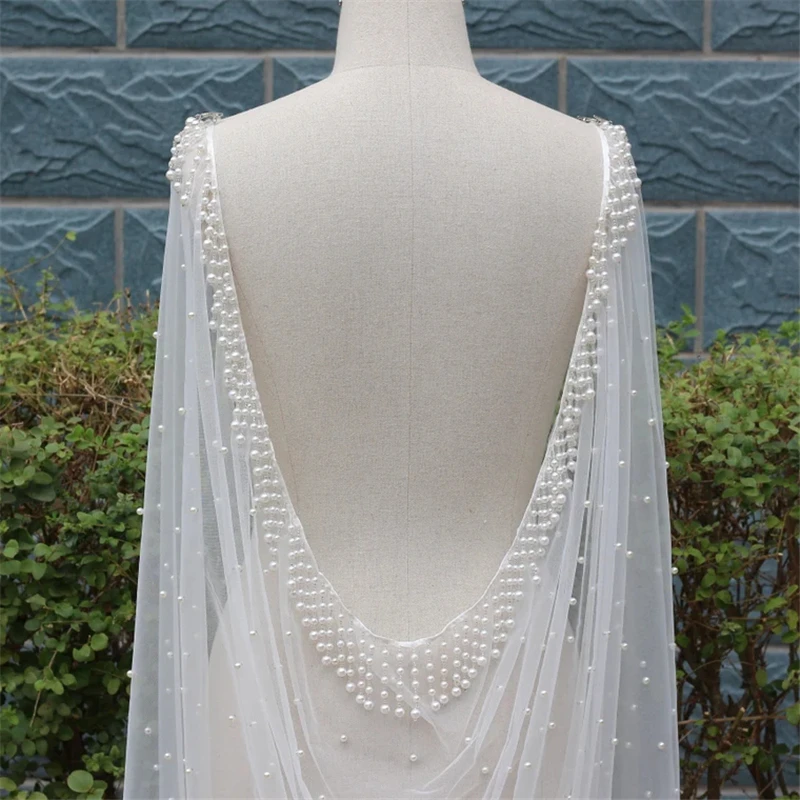 Pearls Tassels Bridal Wedding Draped Shoulder Veils For Brides Cathedral Long Beaded Starry Ivory White Cloak Accessories 2 3 4m