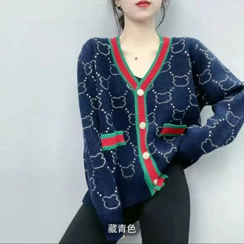 Knitted Cardigan Spring and Autumn New V-neck Top for Women's Casual Color Block