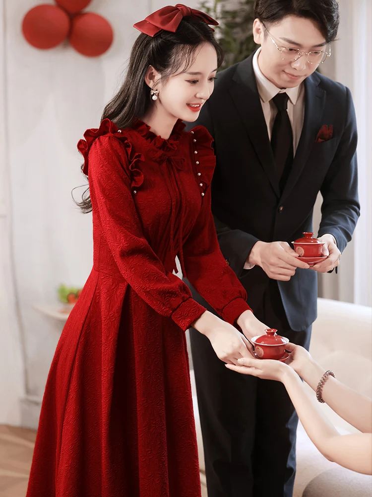 

White Enhancing Long Sve Wedding Dr Engaging Red Color Bridal Gown for Engagement Parties New 2025 Sles Return Home C...