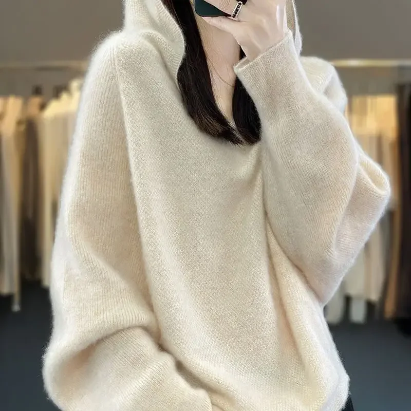 

Loose V-neck Warm Versatile Base Layer Hooded Sweater Casual Comfortable Autumn Winter Women's Thickened Knitted Hat Sweater