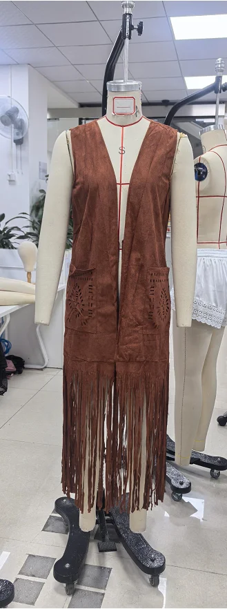 

Women Tassel Vest Solid Color Open Front Sleeveless Long Jacket with Pockets Hippie Costume Tops