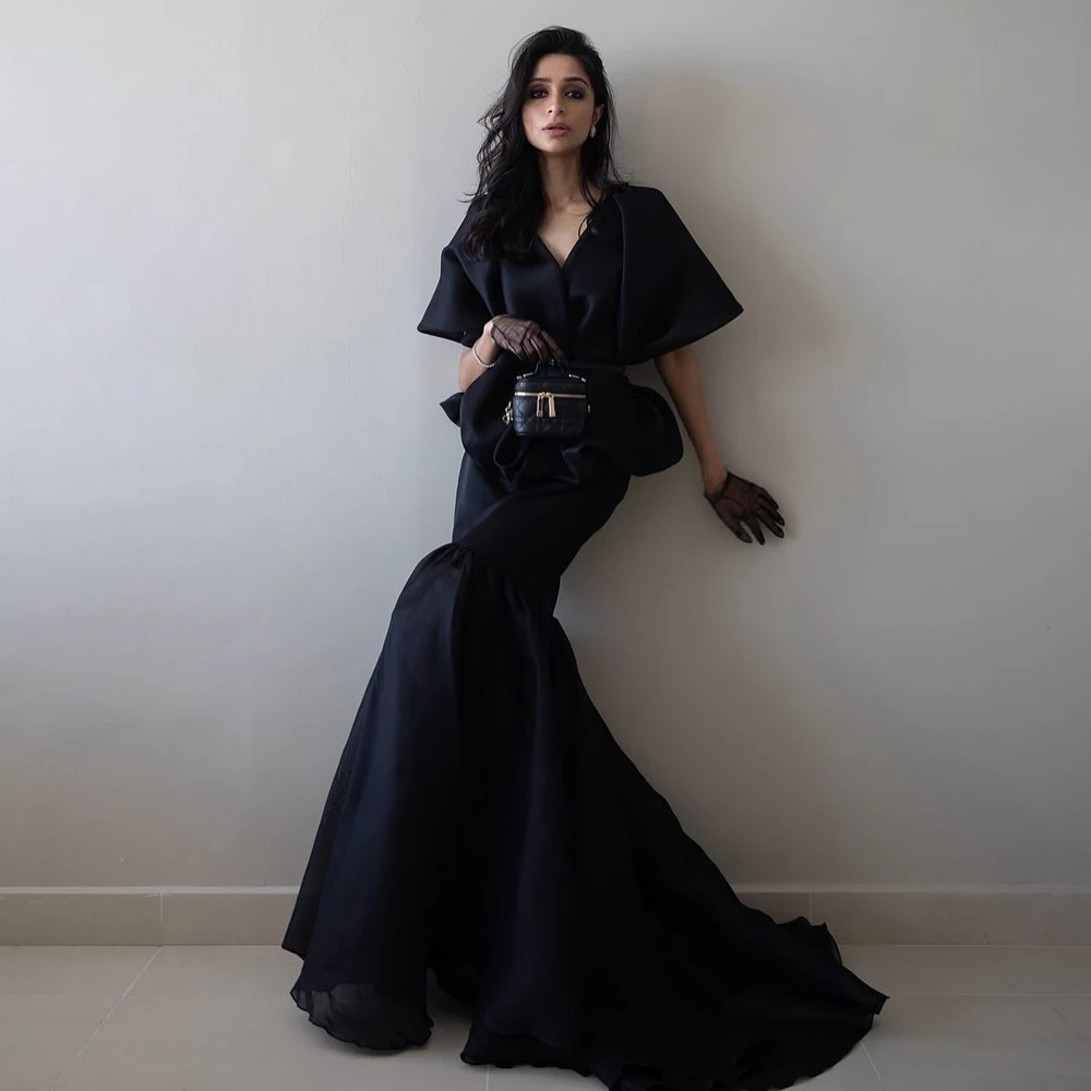 Dramatic Black Long Formal Party Dresses Cape Sleeves Mermaid Arabic Prom Dress فساتين سهرة Elegance Women Outfits Evening Gowns