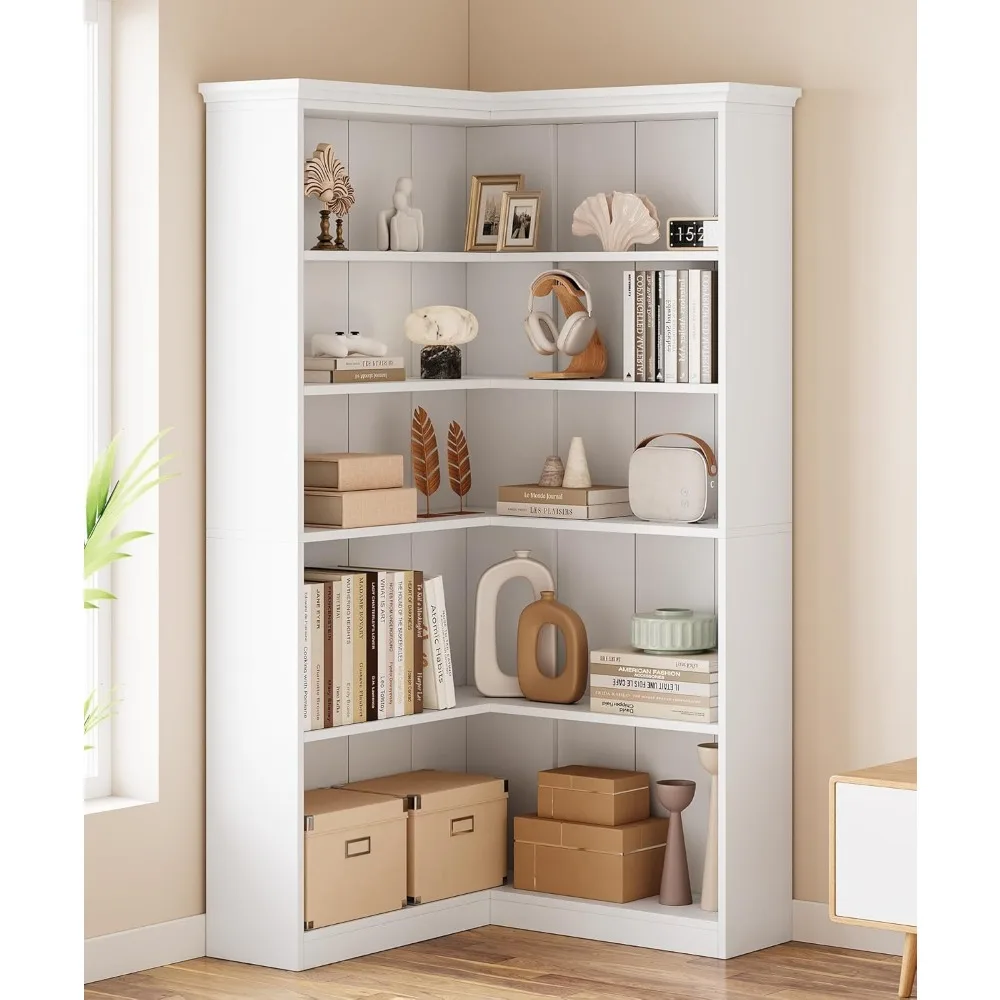 Corner Bookshelf 72.8in Farmhouse Bookcase Large Bookshelf Wood Bookcase Tall 5 Tier Corner Shelf L Shaped Bookshelf Storage Di