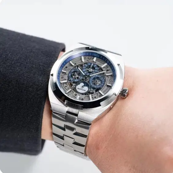 

KAFYASE мужские автоматические часы 42 мм механические наручные часы со светящимся сапфиром 50 м водонепроницаемые многоциферблатные фазы Луны месяц неделя