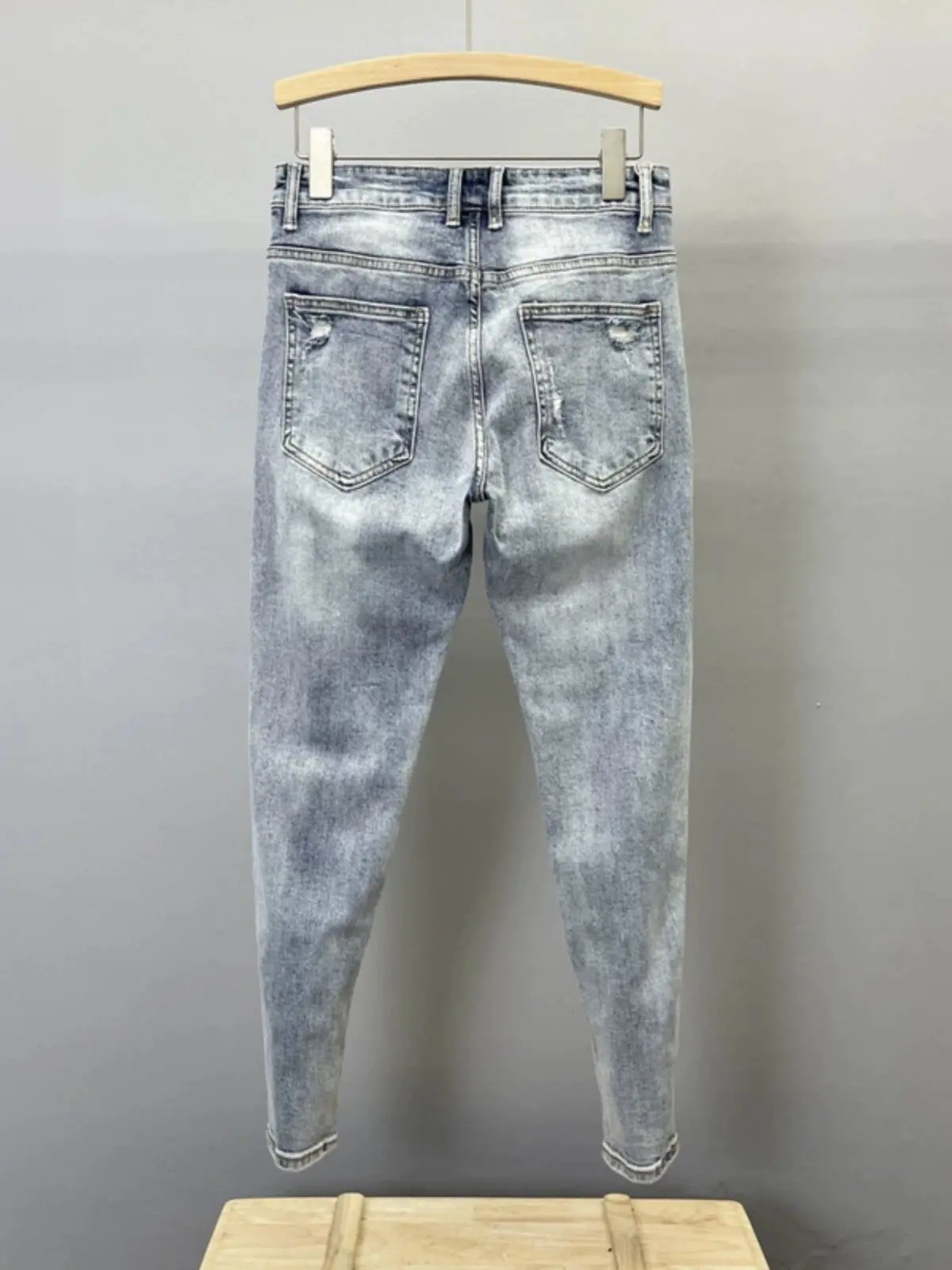 ربيع الخريف جديد الضوء الأزرق الركبة ممزق الجينز الرجال سليم صالح أقدام صغيرة سروال شكل قلم رصاص شارع العليا متسول السراويل صديقها الجينز #3