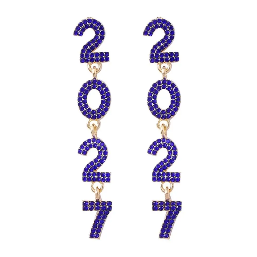 Pearl 2027 Digital Earrings Shiny Zircon Happy New Year Earrings Long Drop Colorful Christmas Stud Earrings Christmas Gift