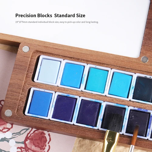 Imagen 2 del producto SeamiArt-Juego de acuarelas sólidas profesionales, glaciers de 12 colores, tono azul, con caja de pintura de nogal, paleta para suministros de arte