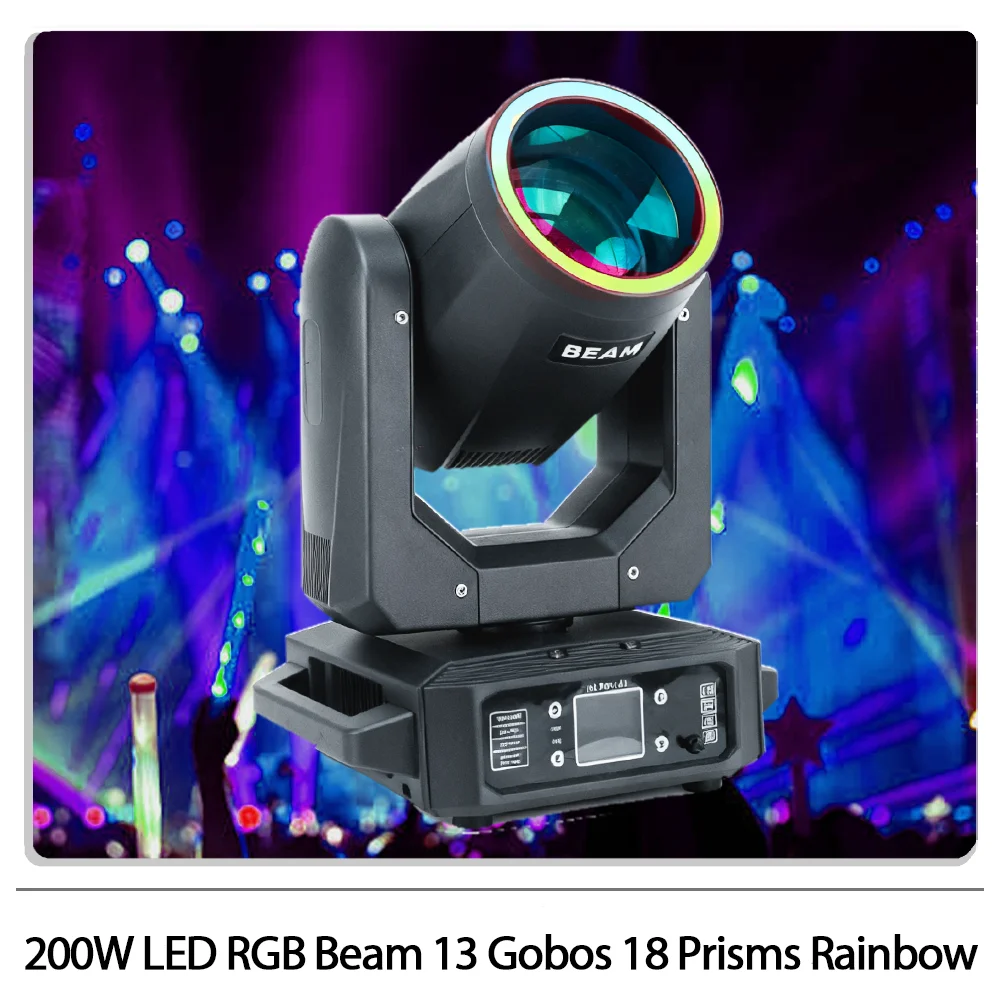 

200W LED Beam Moving head light with ring Rainbow effect 6+12 Prisms DMX512 control for DJ Disco party nightclub