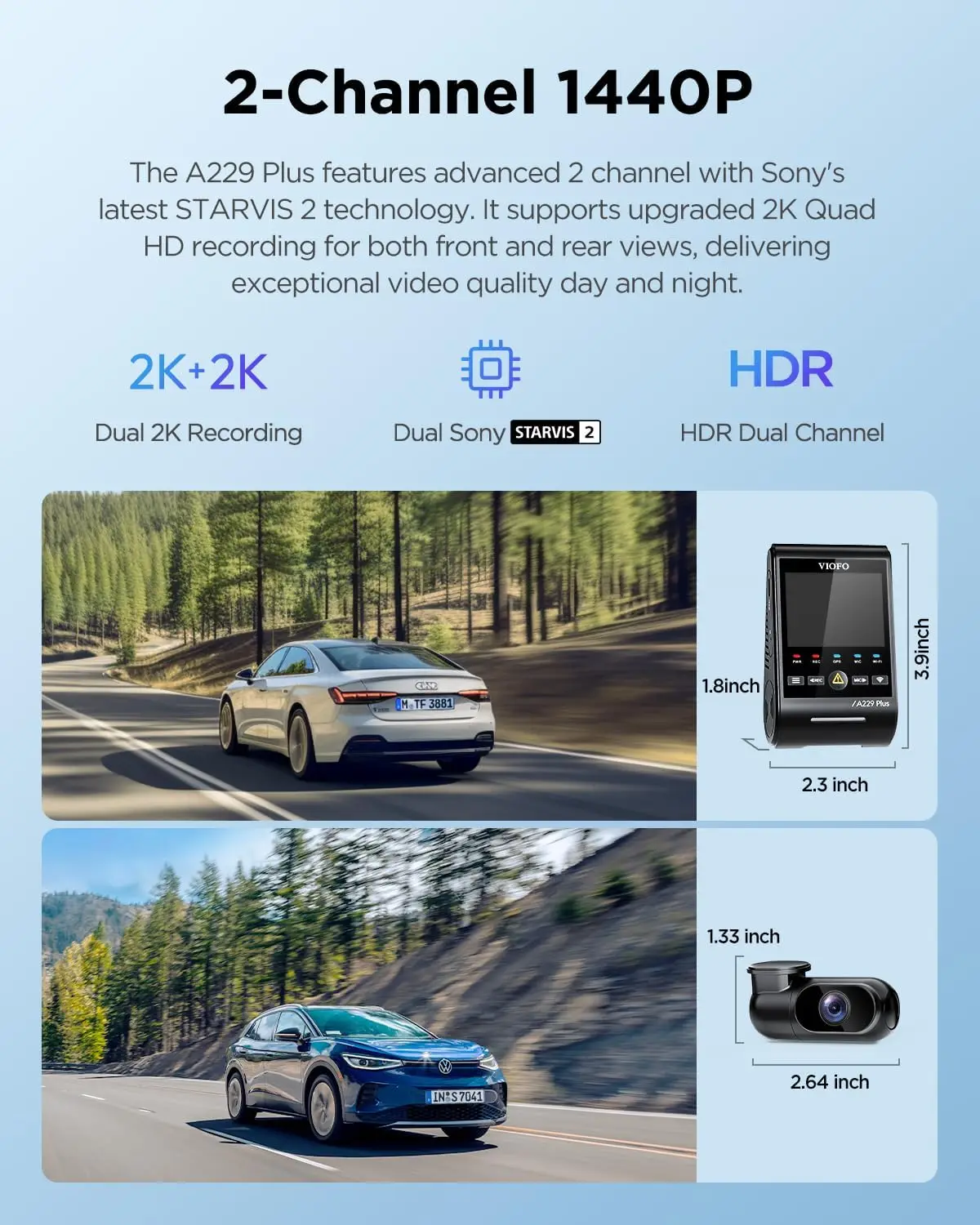 A229 Plus Dash Cam Front and Rear, Dual STARVIS 2 Sensors, 2 Channel HDR, 1440P+1440P Voice Control Car Dash Camera, 5GHz Wi-Fi