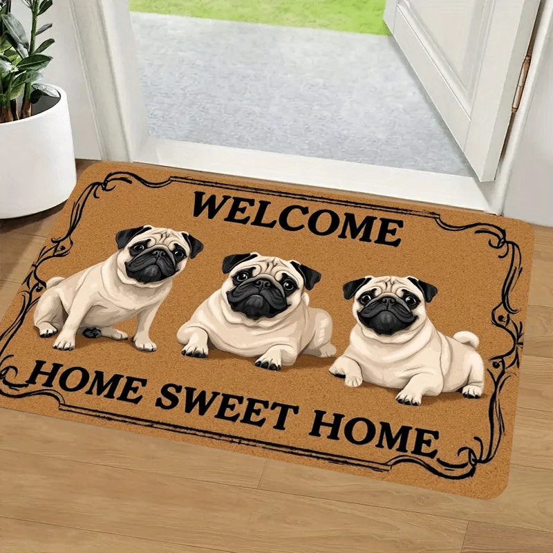 

Pug Dog Welcome Rug Velvet Flannel Printed Floor Mat Home Sweet Home Design Decorative Carpet Entryway Home Decor