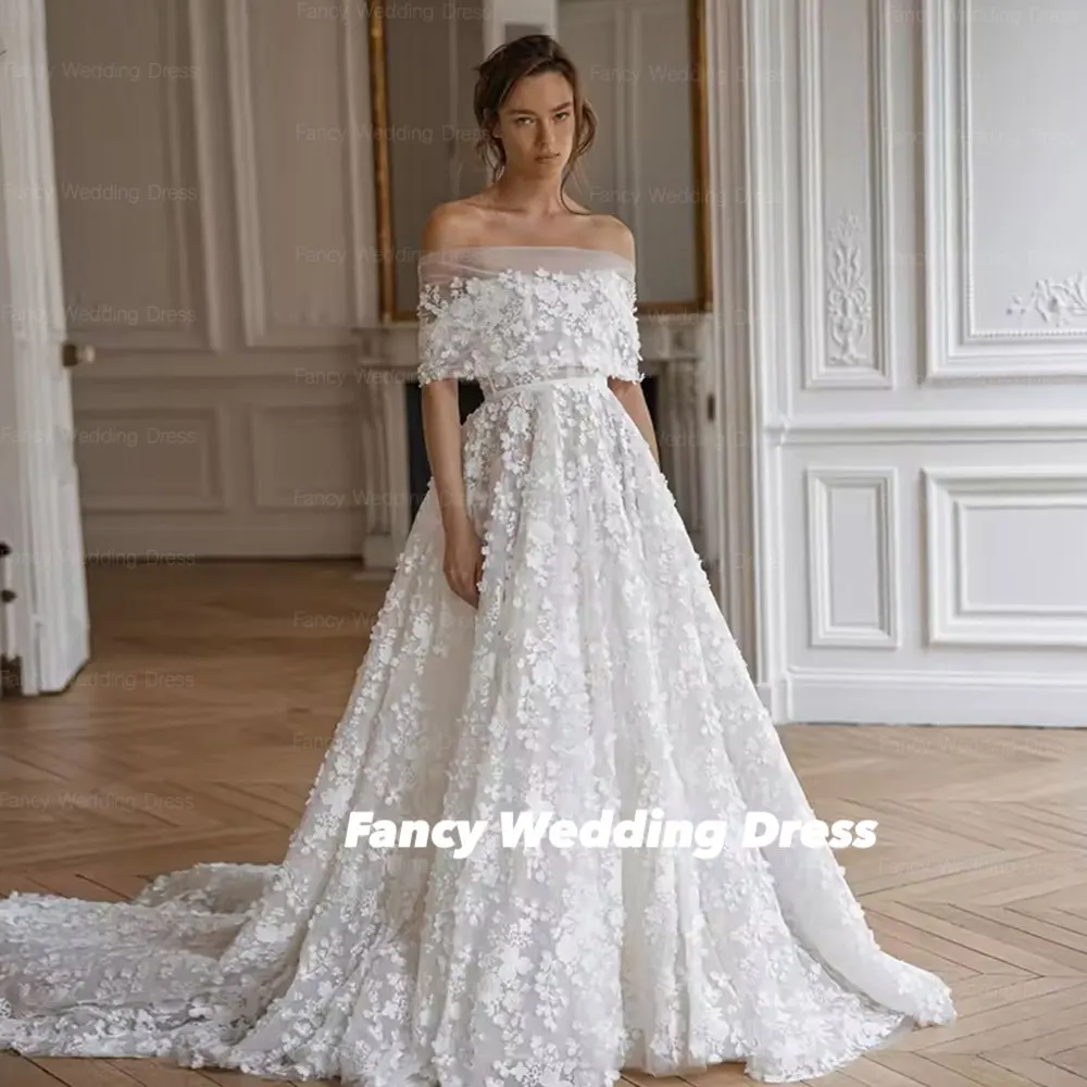 Fancy Fashion 3D Lace Wedding Dresses A Line Stunning Bohemian Bridal Gowns With Detachable Bolero Customized
