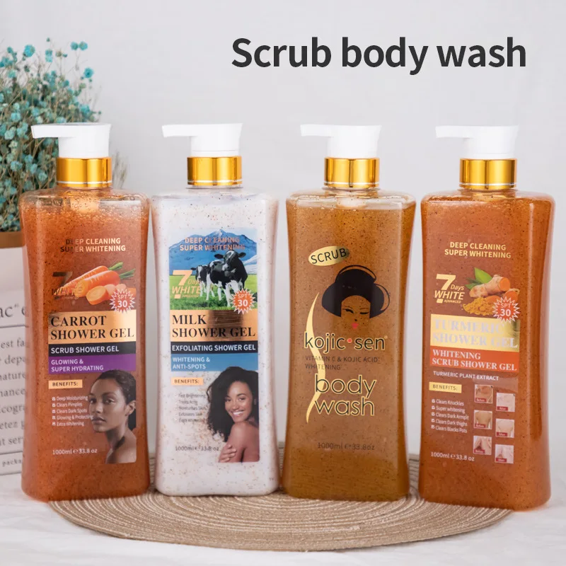 

High Quality 1000ml Whitening Exfoliating Shower Gel Kojic Acid Turmeric Fruit Scrub Body Wash Hydrating Refresh Bath Liquid