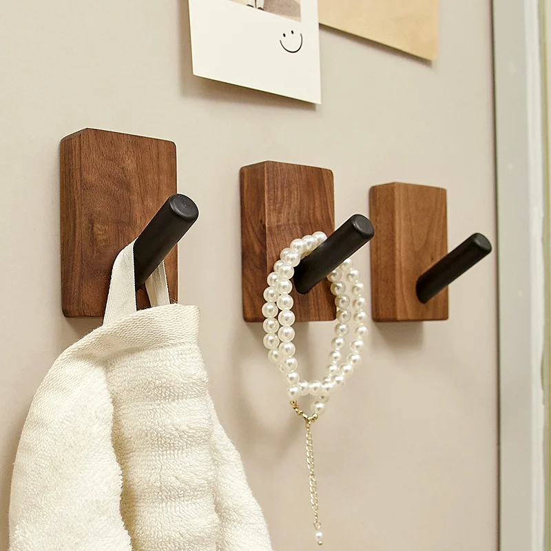 Walnut Wood Coat Rack Hooks  Black Wall Hangers for Hanging Keys, Clothes, Bathroom Robe and Towels  and Entryway， No Drilling