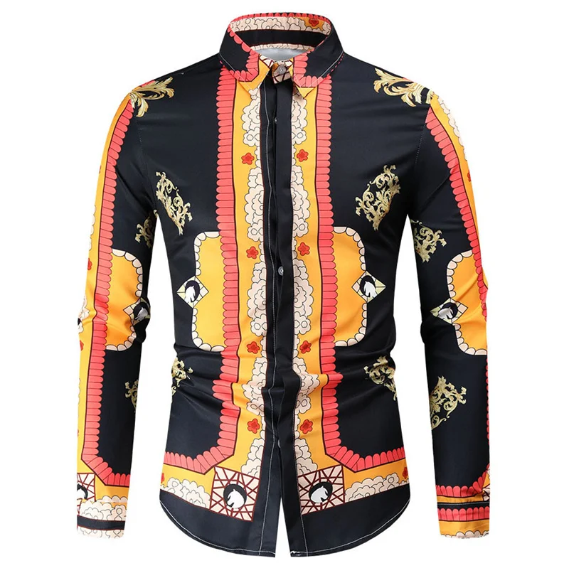 National Ethnic Distinctive Style Men\'s Casual Slim Fit Shirt Classical Tops Long Sleeve Turn-Down Collar Shirts Clothes Dress