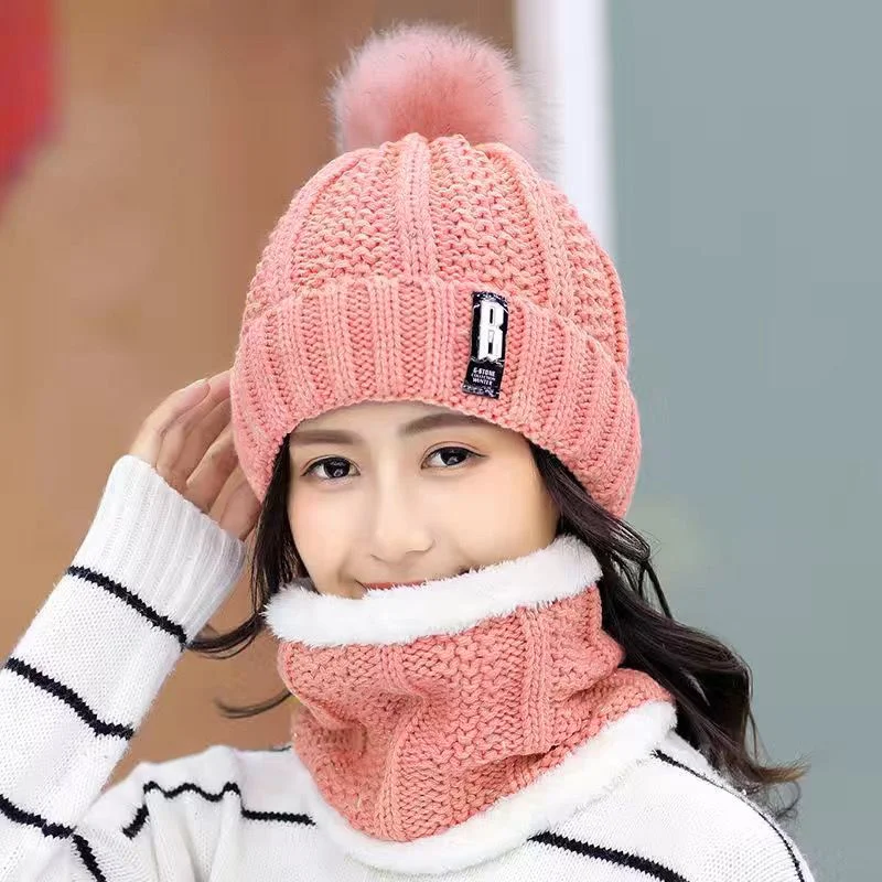 Neck Hat Set Warm Winter Knitted Hat Women Brand High Quality Winter Women Ball Ski Wool Fur Hats Pompoms Hats Knitted Scarf