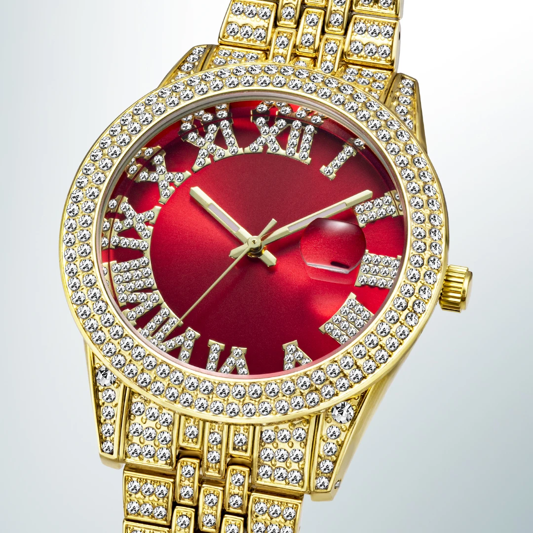 Relojes de cuarzo para hombres y mujeres, reloj rojo brillante con diamantes Iced Out, reloj de pareja para hombres y mujeres, resistente al agua, calendario, amante, nuevo en