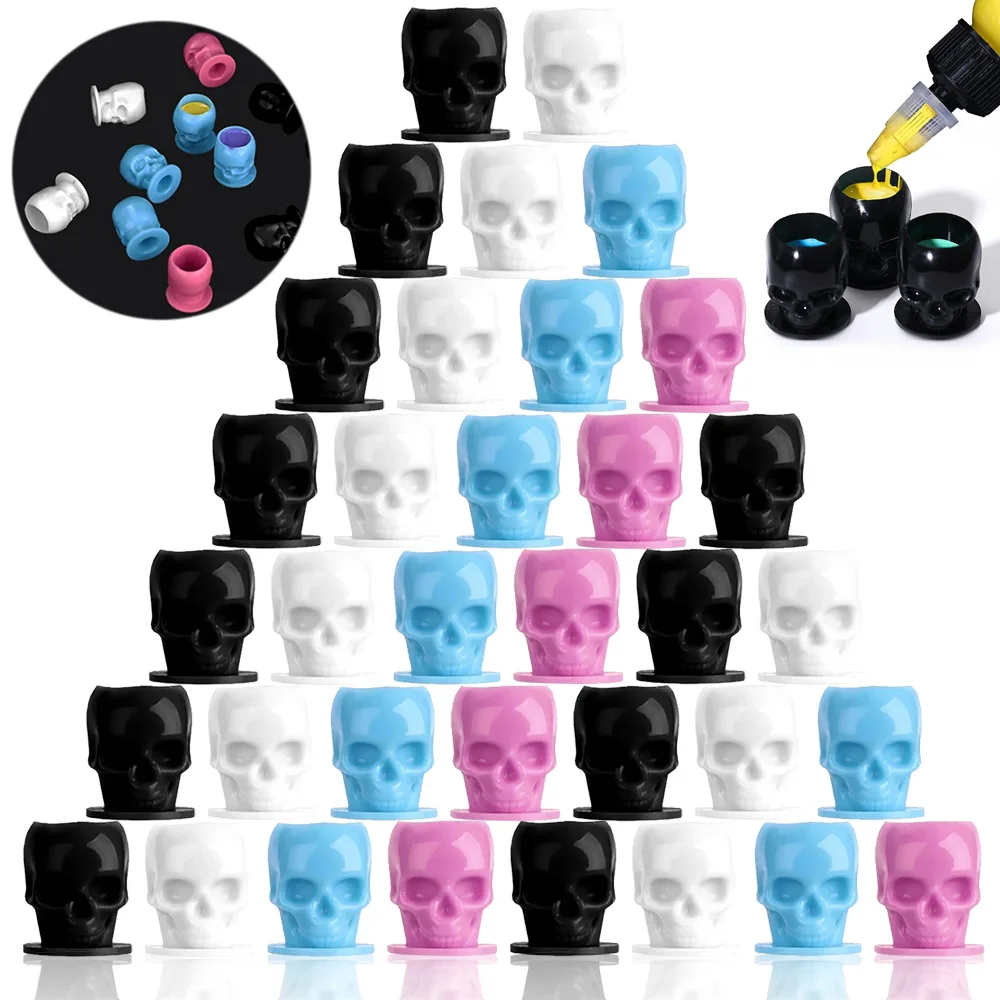 50Pcs Disposable Skull Tattoo Ink Cups Permanent Makeup Microblading Coloring Pigment Cups CapsContainer Tattoo Accessories
