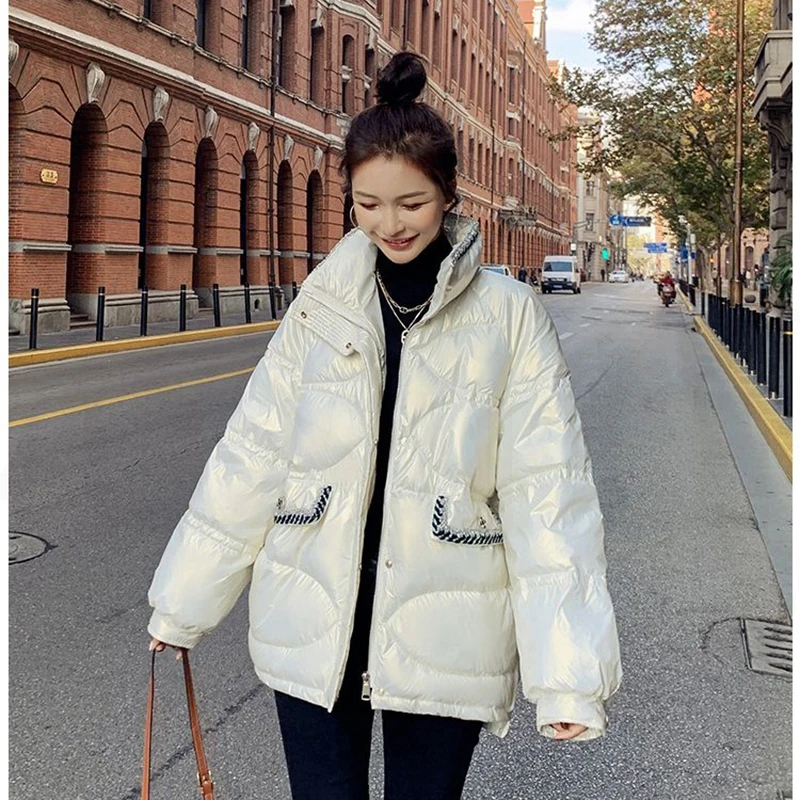 Bright Loose Stand Collar Down Jacket Women's Thicken Warm Down Jacket 2023 Winter New Female Pocket Zipper  Down Jacket