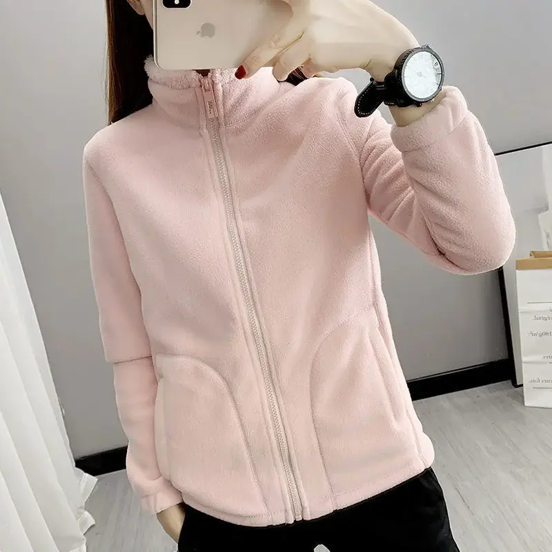 Hiking Polar Jacket Outdoor Fleece Women Coral Fleece Polar Coat Warm  Velvet Thick Stand-up Collar Cardigan Sweatshirt Men