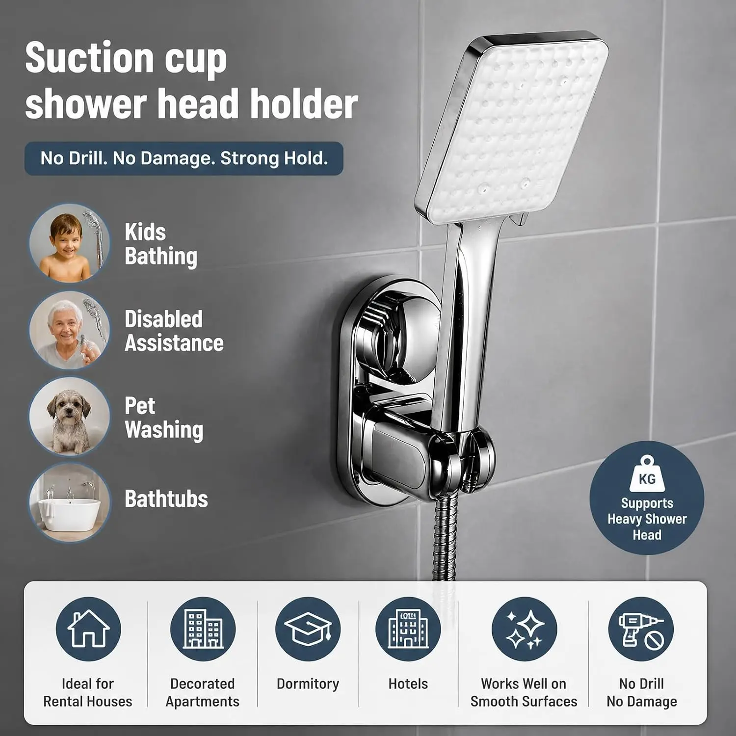 Suction Cup Handheld Shower Head Holder - Wall Mount - 5 Angle Adjustable