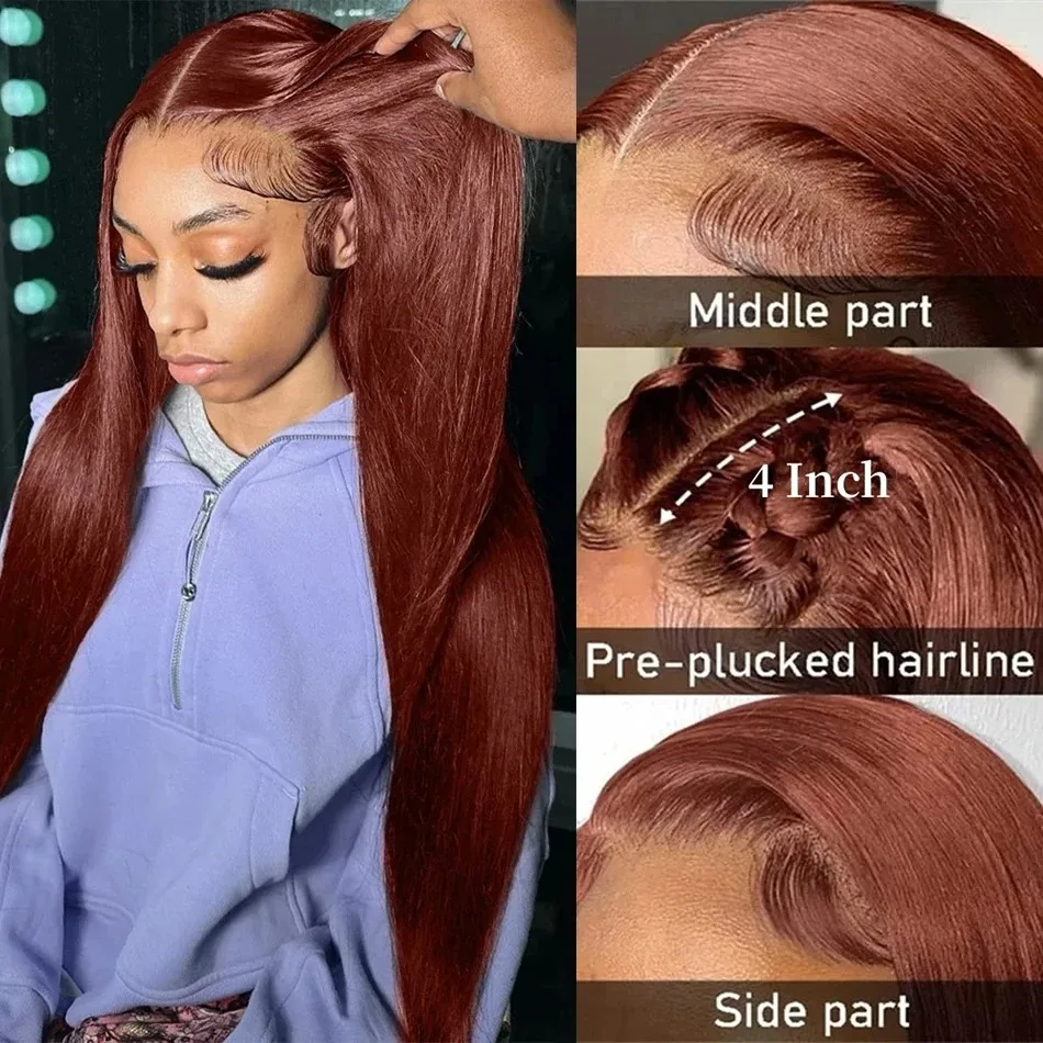 البني المحمر الطبقات قطع 32 بوصة 13x4 HD العظام الشفافة مستقيم الدانتيل الجبهة البرازيلي الاصطناعية pelucas دي موهير