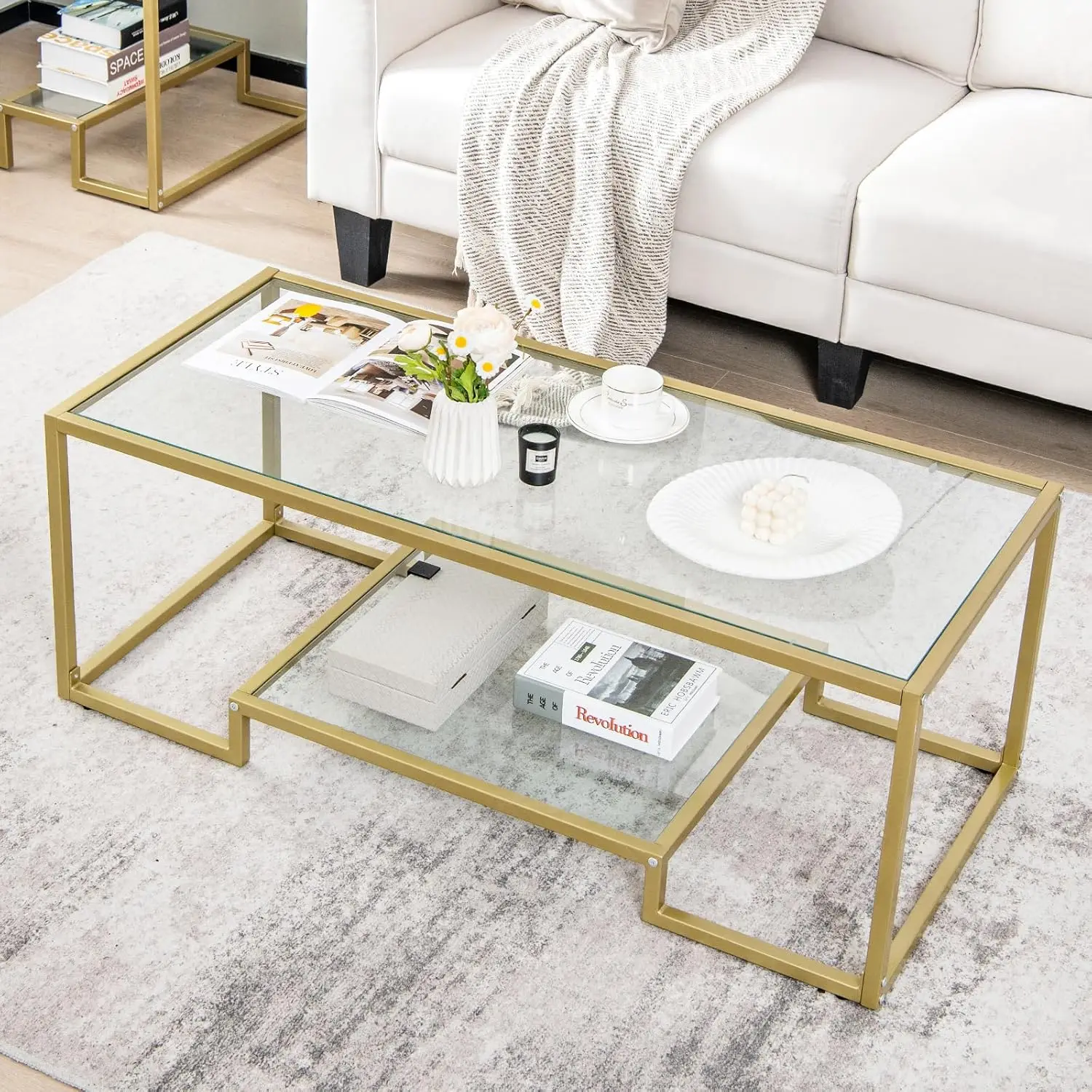 

Modern Tempered Glass Coffee Table, 45” Wide Rectangle Center Tables w/ 2 Tier Storage Shelf, Metal Frame,, Customized