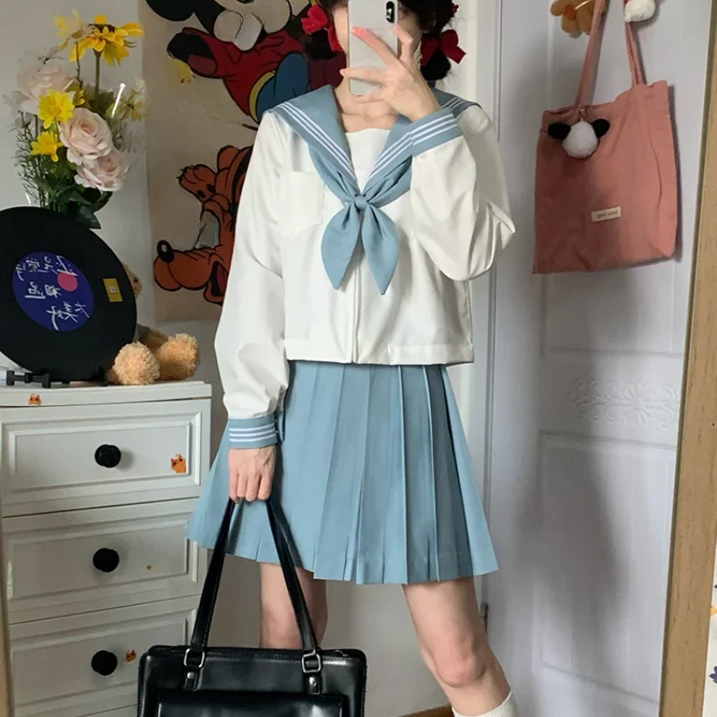 2024 Japanese JK Uniform Sailor Outfits Casual Style Blue Long Short Sleeves Top Pleated Skirt Basic Versatile Suit For Female