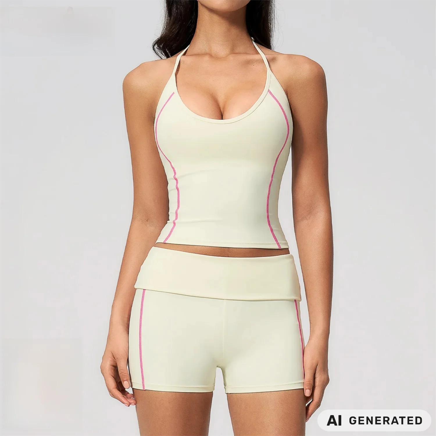 V Neck Halter Yoga Set Women Color Block Gym Outfit High Waist Fold Over Leggings Workout Clothes Tummy Control Activewear