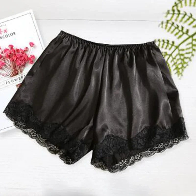 Women Spring Summer Satin Silk Lace Safety Shorts Pants Sweet Loose Elastic Home Sleep Shorts Nightwear Bottom Thin Pajamas