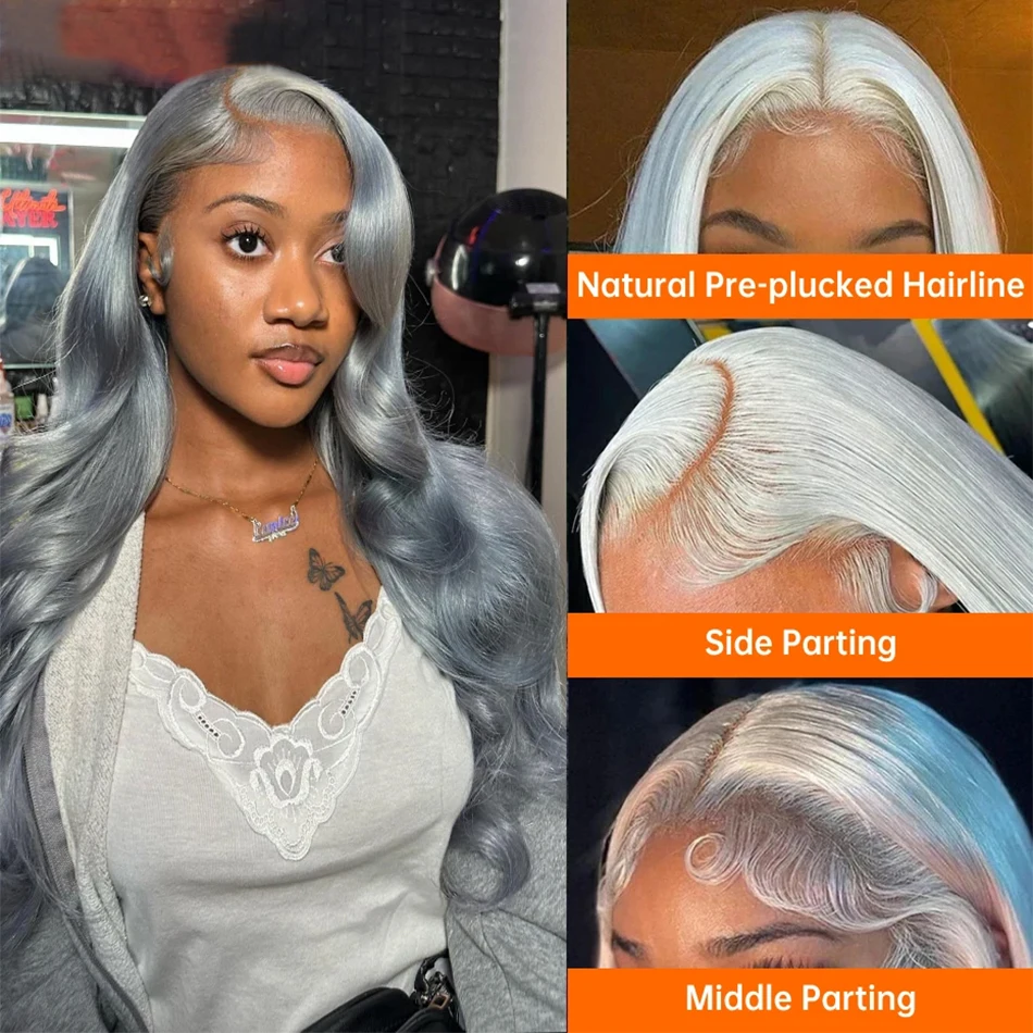 Grey Body Wave Human Hair Wig 13x4 HD Transparent Lace Frontal Wig Brazilian Silver Grey Lace Front Wig Pre Plucked Remy Hair - Image 4