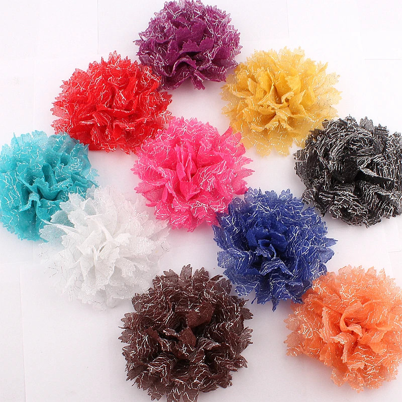 10pcs/lot 3.7CM 10Colors Newborn Artificial Shiny Cool DIY Headband  Fabric Flowers With Glitter For Baby Kids Hair Accessories