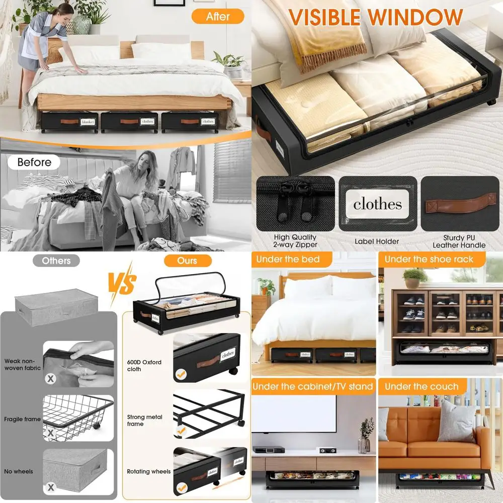 

3-Pack Underbed Storage Containers with Clear Windows & Labels, Rolling Organizers for Clothes, Shoes, Blankets (30.71 x 16.93 x