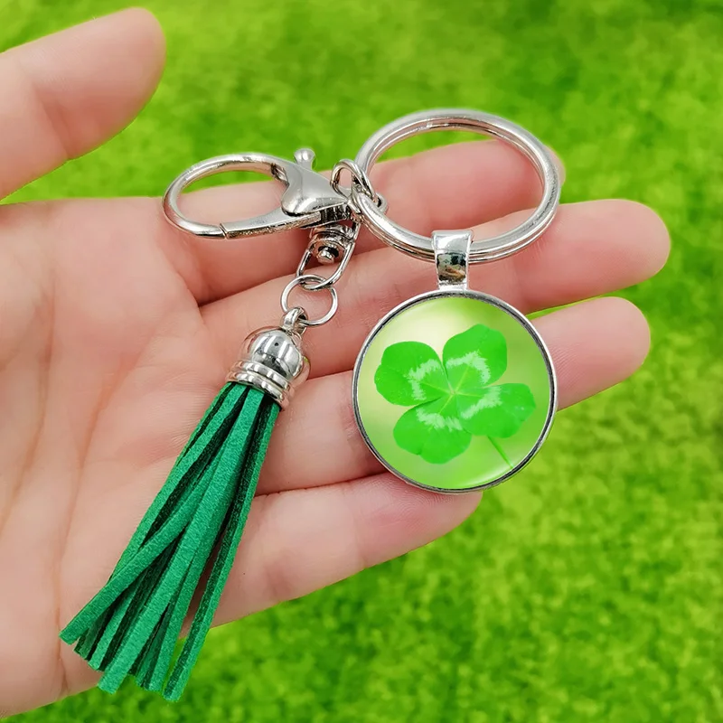 Charm Four Leaf Clover Keychain Green Blue Tassel Glass Crystal Pendant Fashion Women Lady Bag Charms Keyring Luck Jewelry