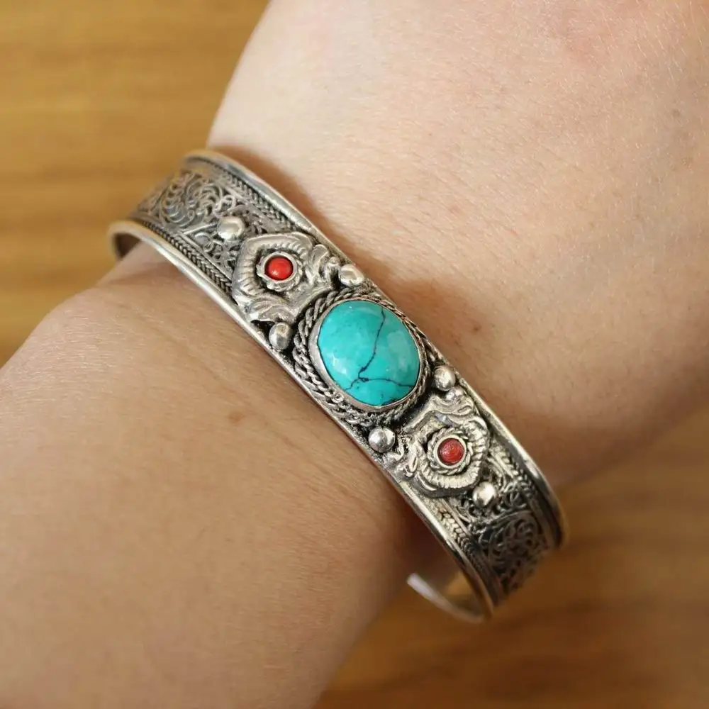 BR488 Ethnic Tibetan Silver Inlaid Turquoises Stone Filigree 14mm Open Back Women Cuff Bracelet