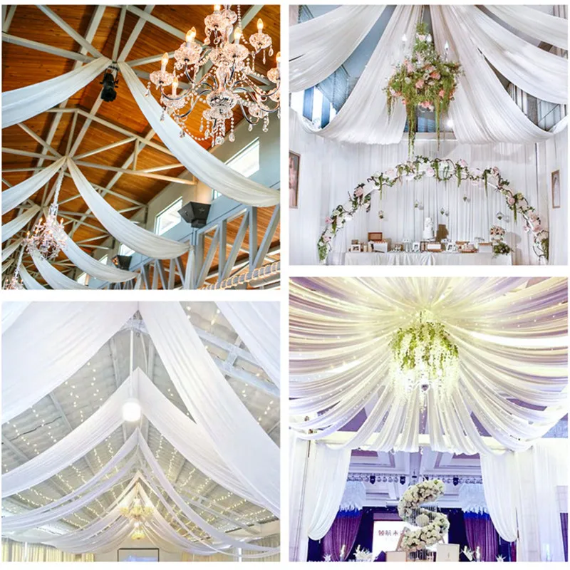 2PCS Wedding Ceiling Drapes Transparent White Chiffon Fabric Event Party Banquet Drapes for Ceremony Stage Roof Hotel Decoration