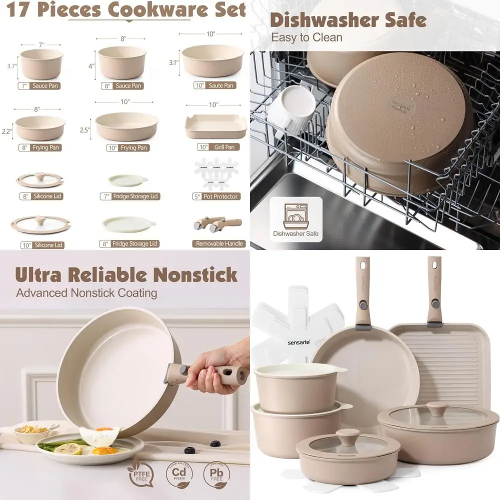 

17-Piece Nonstick Detachable Handle Cookware Set, Induction Compatible, Dishwasher and Oven Safe, Almond Beige