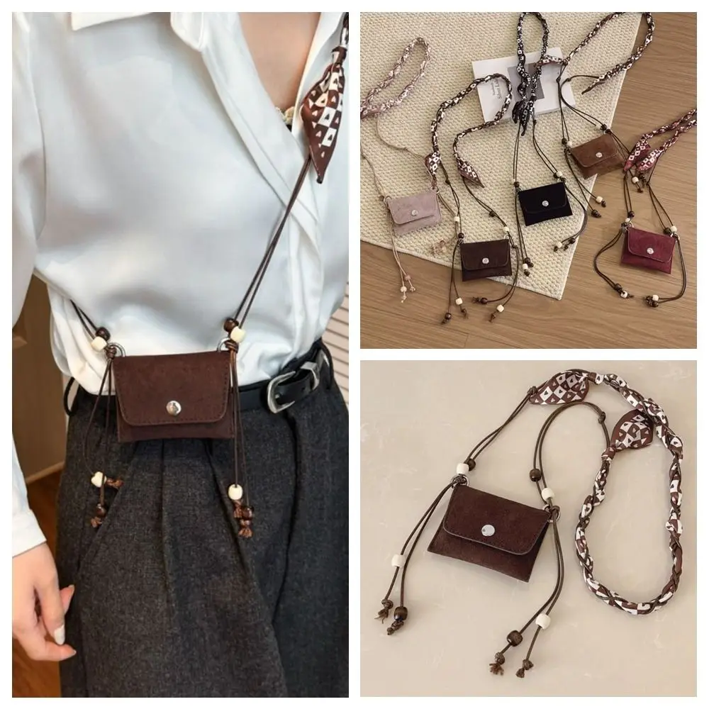 Creative Silk Scarf Suede Crossbody Bag Beads Pu Leather Hanging Neck Bag Small Purse Shoulder Pouch Earphone Bag Autumn Winter