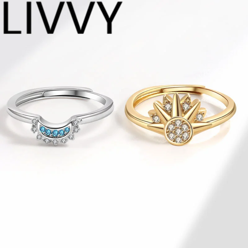 LIVVY Vintage Simple Silver Color Couples Ring Korean Trendy Elegant Moon Stars Geometric Handmade Party Jewelry Gifts