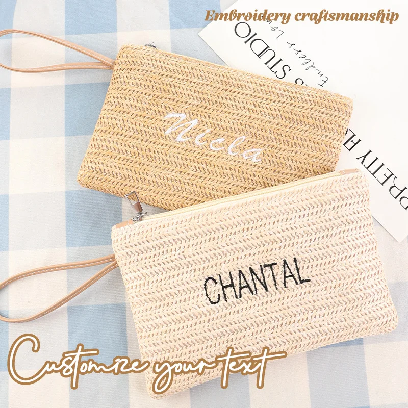 Custom Name Straw Woven Makeup Bag Embroidery Text Handheld Women Bag Portable Storage Bag for Phone Coins Small Items Daily Use