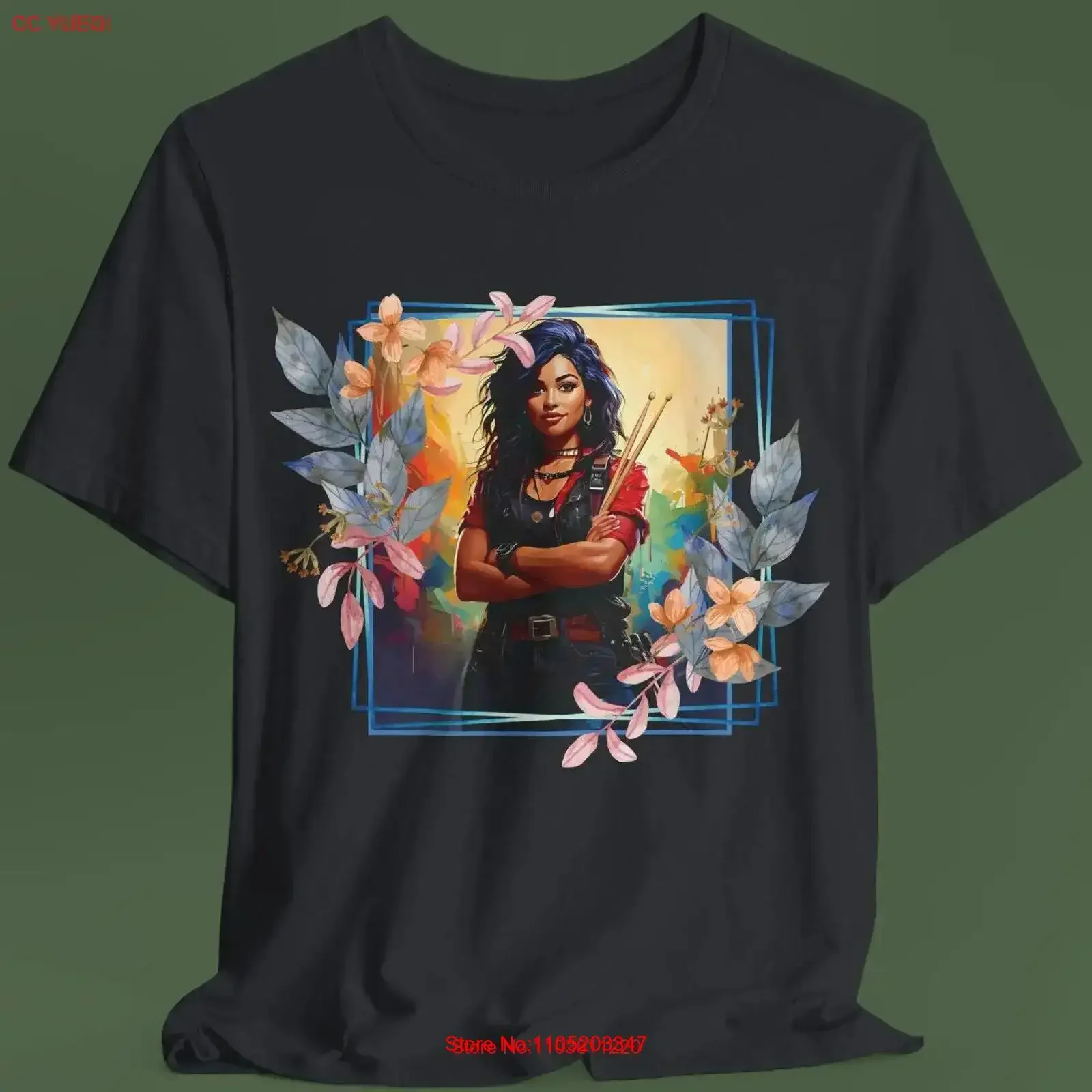 

Blue Floral Female Drummer T Shirt Musician Music Lover Top vintage Washed Breathable Stylish Top For Everyday Wear Casual
