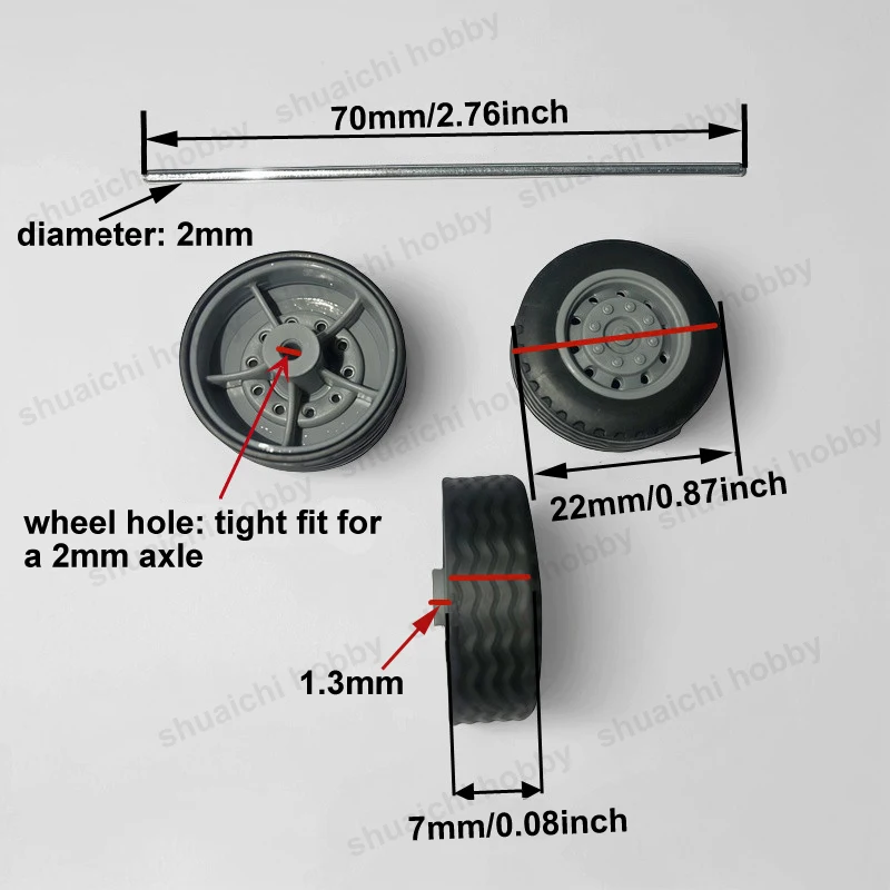 Modèle de roue en caoutchouc souple de 22mm, trou de 2mm avec axe de 70x2mm, pièces de pneus en option pour voitures jouets, bricolage, fabrication de compétitions technologiques