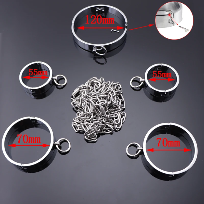 BDSM Bondage Set Metal Wrist Handcuffs Ankle Cuffs with Chain Neck Collar Restraints Shackle Adult Sex Toys for Women/Men/Slave