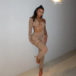 Women Sexy Diamonds Hollow Out Skinny Jumpsuits One Shoulder Long Sleeve Lace Jacqaurd High Stretch Club Party Rompers Overalls