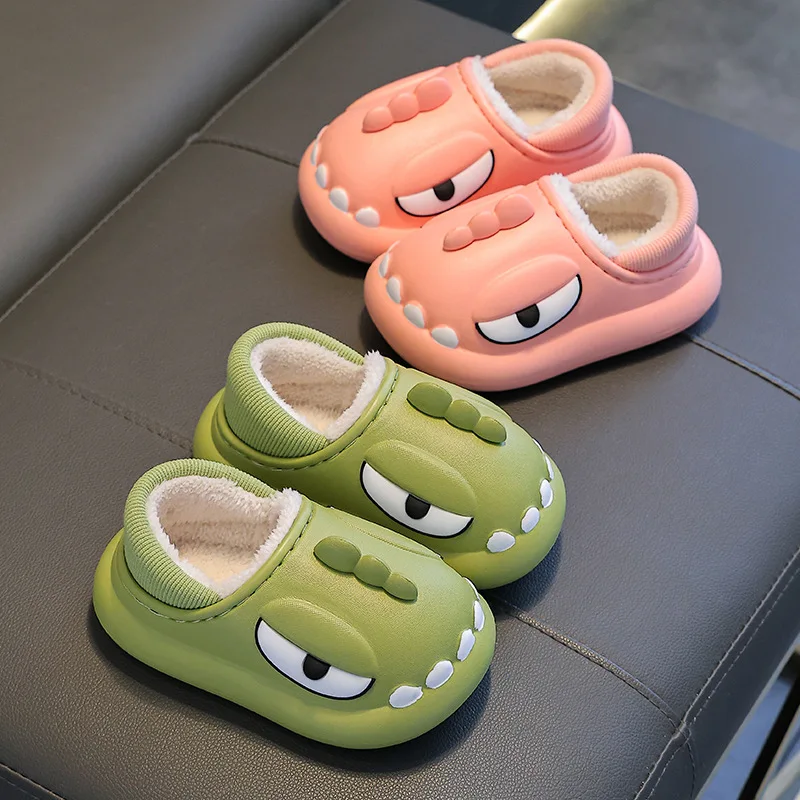 

Children Winter Warm Cotton Slippers Girls Cartoon Dinosaur Heel Warp Waterproof Home Boys Thick Soles Soft Indoor Cotton Shoes