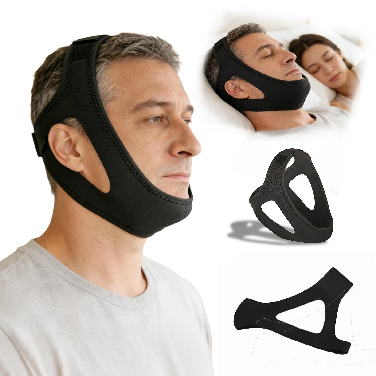 Anti-Schnarch-Band, stoppt Schnarchen, Kinnriemen, Schlafunterstützung, Hilfsmittel, Werkzeuge, Schnarchschutz, Kieferngürtel, offener Mund, Atmung, korrigierende Ruhe