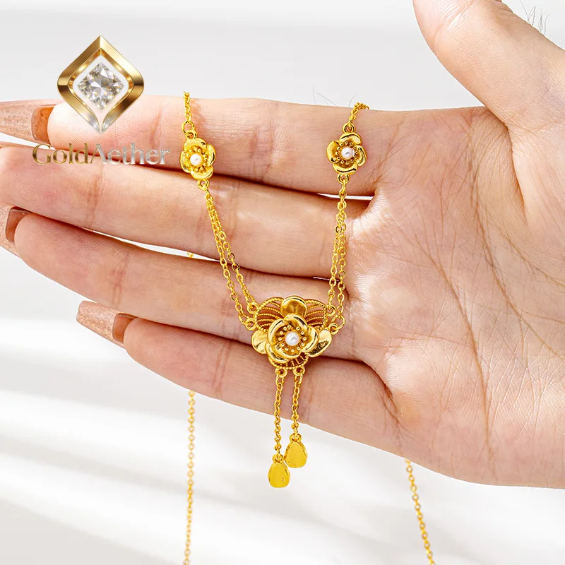 

Набор украшений GoldNouveau для женщин: колье, серьги и кольцо с цветочным узором и кисточками из чистого золота 24K (AU999) — элегантный комплект, съемный, идеально подходит для подарка.