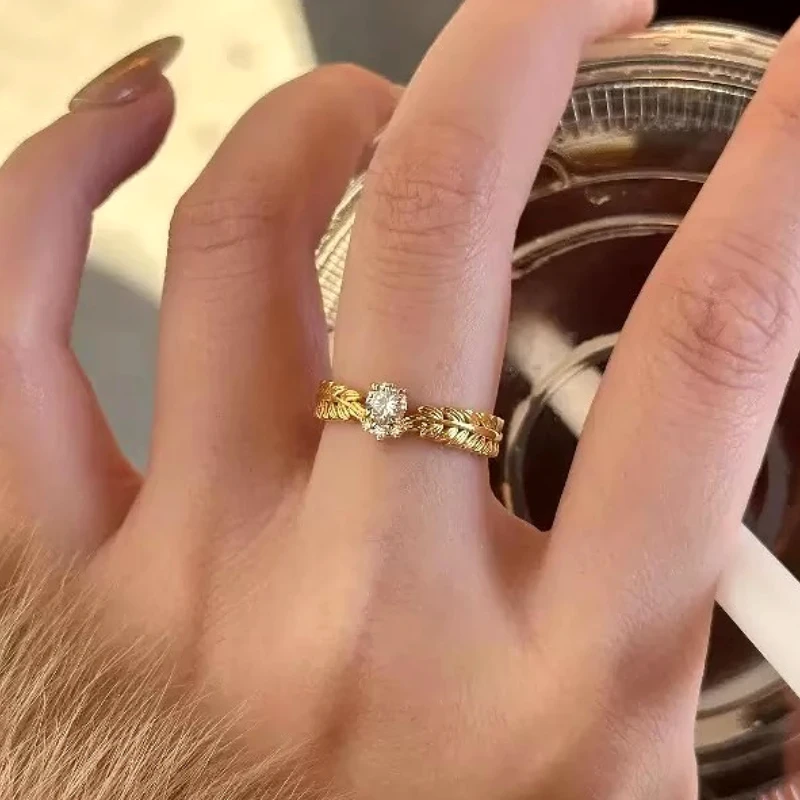 

925 Sterling Silver Geometry French Retro Wheat Ear Zircon Adjustable Opening Ring for Women Fine Jewelry Minimalist Accessories