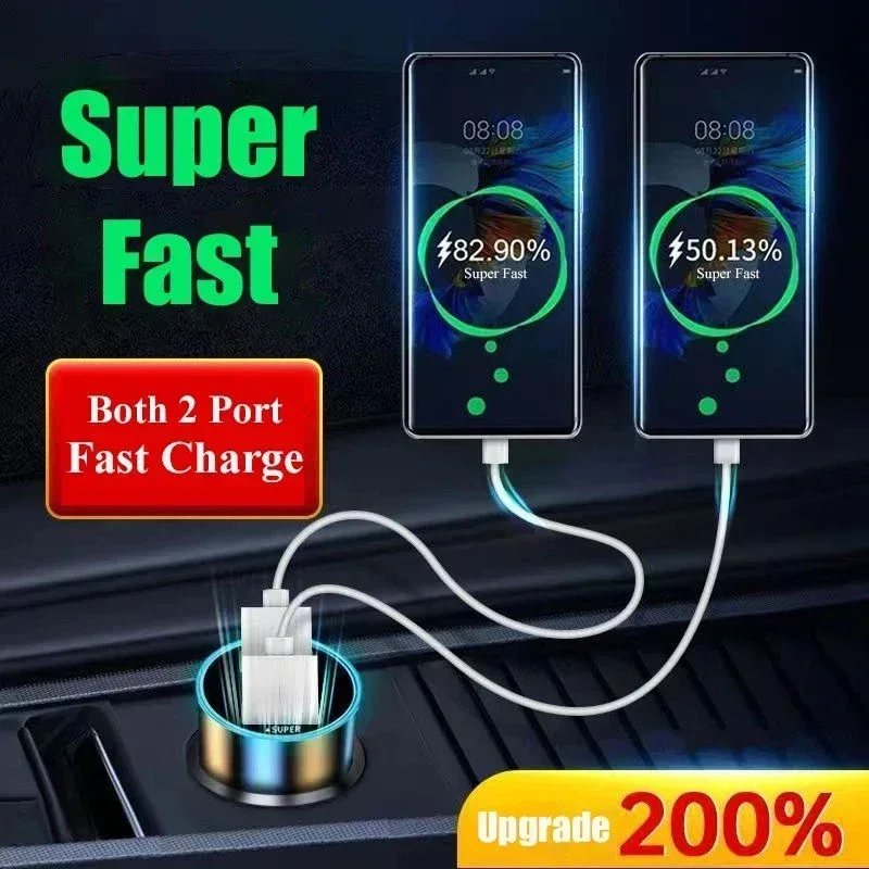 240W Car Charger Fast Charging 2 USB Ports Adapter for IPhone Samsung Xiaomi Quick Charging Chargers with Digital Display