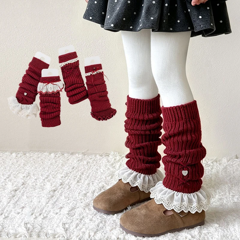 Red Children Girls Leg Warmers White Lace Ruffle Edge Bow Decor New Year Kids Long Socks Winter Warm Leg Covers for Girls