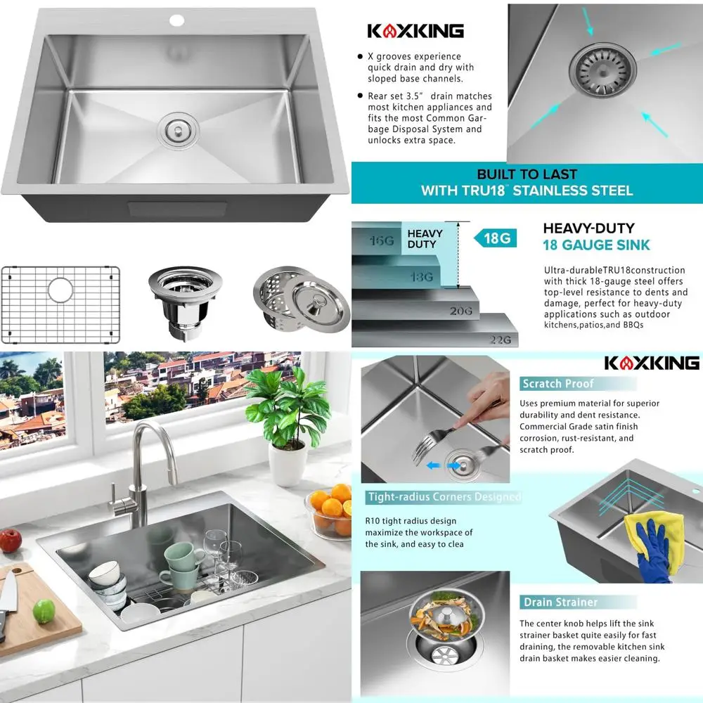 

Stainless Steel Kitchen Sink Single Bowl 28x20 Inch Drop-In Topmount 18 Gauge with Bottom Grid and Drain Strainer